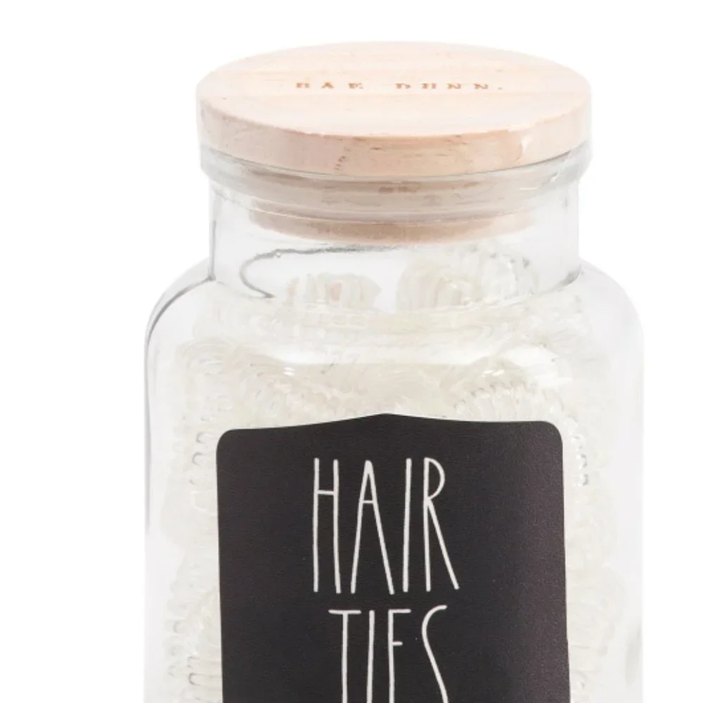 RAE DUNN  Small Glass Jar With 25 Clear Spiral Hair Ties